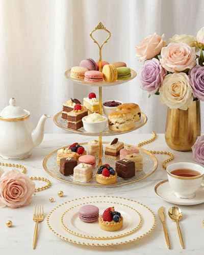 180Pcs Elegant Ivory Gold Plastic Dinnerware Set for Wedding (180 Count)