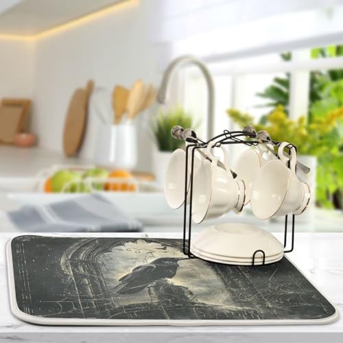 Halloween Crows Dish Drying Mat for Kitchen Counter Absorbent Microfiber Large Drying Pad Dish mats for Kitchen Countertops 18 x 24 Inch