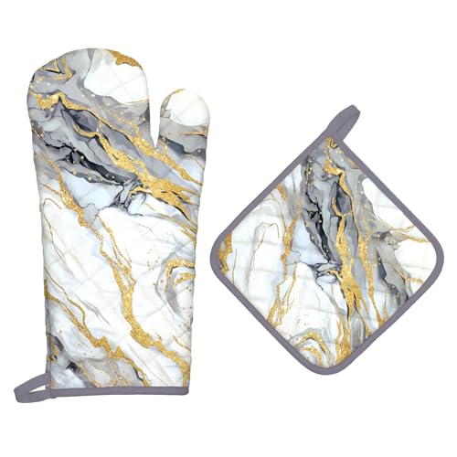 White Gold Marble Oven Mitts and Pot Holders Sets 2Pcs (2 Count)