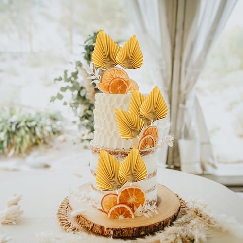 6Pcs Paper Palm Fan Cake Toppers Palm Leaf Fan Cake Topper Palm Spear Leaf Cupcake Toppers Cake Insert Decoration For Cake Decorating Diy Craft Project Home Wedding Party Supplies Gold (6 Count)