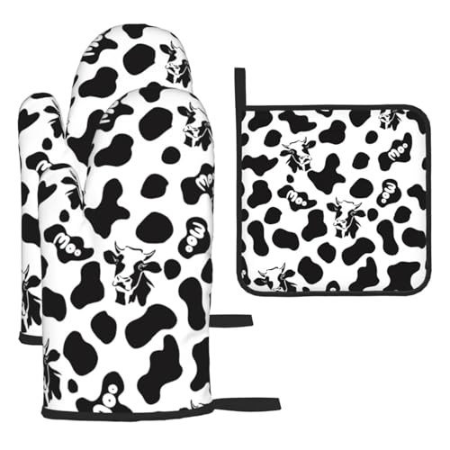 Cow Print Oven Mitts and Pot Holders Sets Heat Resistant for Kitchen BBQ Microwave Baking Grilling Cooks Set of 3 Black White Kitchen Oven Glove (3 Count)