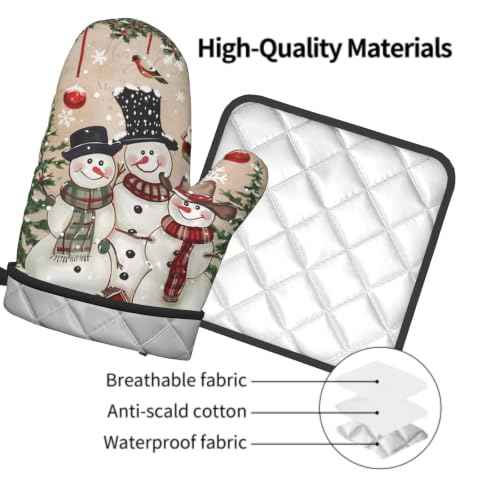 Winter Snowman Oven Mitts and Pot Holder 2Pcs Xmas Tree Kitchen Gloves Potholder Heat Resistant Hot Pad Baking Cooking Grilling Accessories