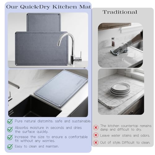 Large Dish Drying Stone Mat for Kitchen 24"x16" Light Gray