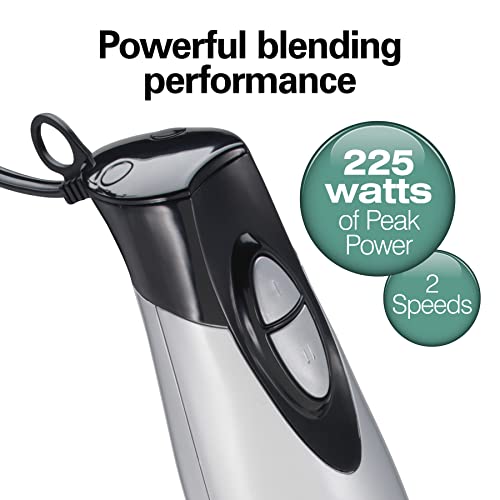 4-in-1 Electric Immersion Hand Blender with Handheld Blending Stick, Whisk + 3-Cup Food & Vegetable Chopper Bowl, 2-Speeds, 225 Watts, Silver and Stainless Steel (59765)