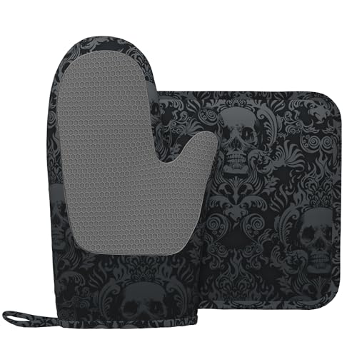Gothic Skull Oven Mitts and Pot Holders Sets of 4