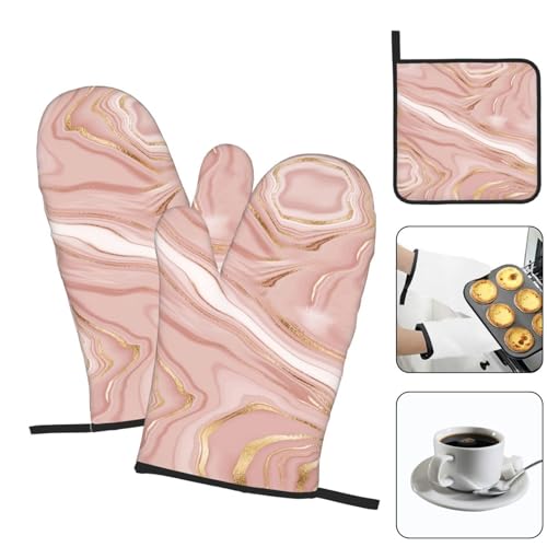 Pink Golden Marble Oven Mitts and Pot Holders Sets of 3 (3 Count)