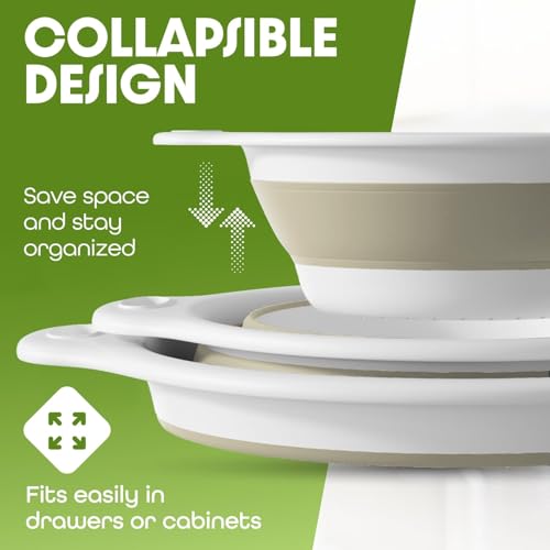 2-in-1 Large Collapsible Colander with Self-draining Base Set - Plastic Side Drain Food strainer for Edge of Kitchen Sink (Beige)