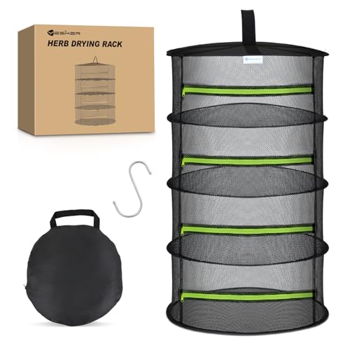 4 Layer Herb Drying Rack Hanging Mesh Net Foldable Plant Drying Racks 24" Diameter with Green Zipper & Hook Dryer Hanging Rack for Herbs Seed Bud Fruit Clothes Grow Tent Closets Garden Outdoor