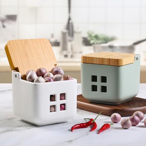 Ceramic Garlic Keeper with Bamboo Lid