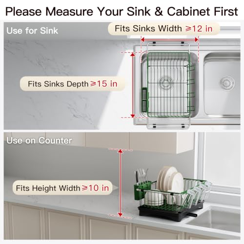 Green Dish Drying Rack in Sink with Drainboard and Utensil Holder