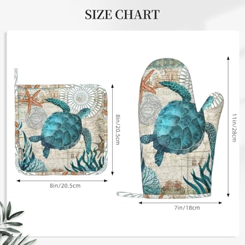 Sea Turtle Ocean Animal Landscape Oven Mitts and Pot Holders Sets Silicone Sea Turtle Kitchen Mitts Potholders Heat Resistant 4Pcs Oven Gloves Hot Pads for Kitchen Grilling (4 Count)
