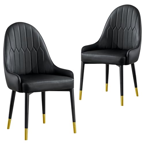 Black Dining Chairs Set of 2 with High Backs Mid Century Modern Kitchen Dining Room Chairs PU Faux Leather Upholstered Large Padded Accent Chair with Legs (2 Count)
