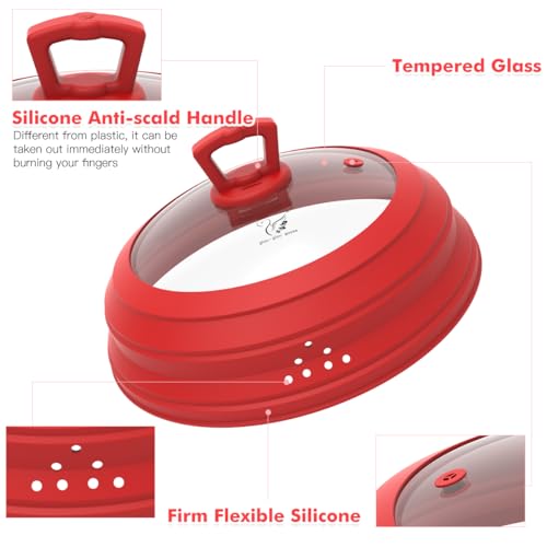 Tall Microwave Splatter Cover Glass Cover Guard Lid 7 inch Height with Collapsible Silicone for Food Pot Plate 12.5 inch Red