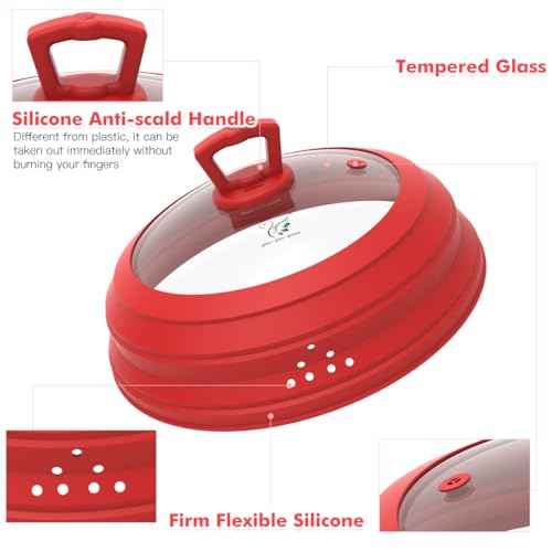 Tall Microwave Splatter Cover Glass Cover Guard Lid 7 inch Height with Collapsible Silicone for Food Pot Plate 10 inch Red