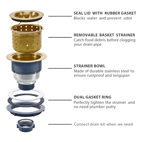 3-1/2 Inch Brass Sink Drain, Durable Stainless Steel Brass Kitchen Sink Drain Assembly Kit with Sink Strainer Waste Basket/Strainer Assembly/Sealing Lid for Standard Kitchen Sink