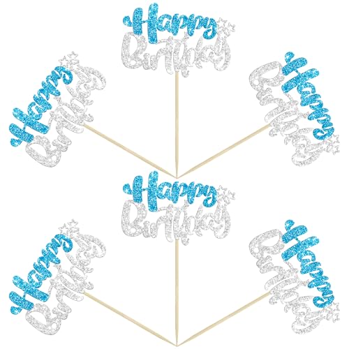 24Pcs Happy Birthday Cupcake Toppers Double Layer Glitter Happy Birthday Cake Decorations for Winter Wonderland Baby Shower Theme Anniversary Party Decorations Supplies Blue Silver (24 Count)