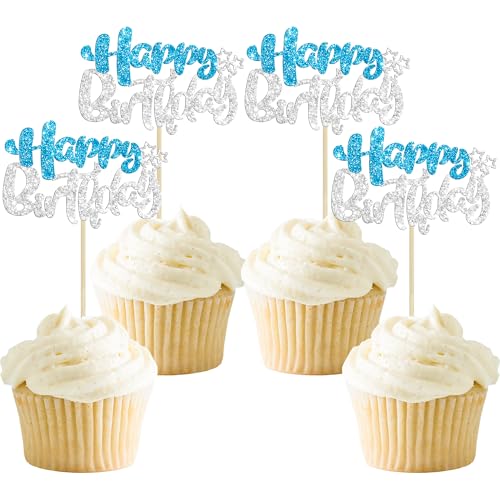 24Pcs Happy Birthday Cupcake Toppers Double Layer Glitter Happy Birthday Cake Decorations for Winter Wonderland Baby Shower Theme Anniversary Party Decorations Supplies Blue Silver (24 Count)