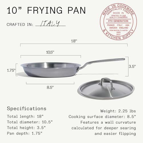 Cookware - 10-Inch Stainless Steel Frying Pan With Lid - 5 Ply Stainless Clad - Professional Cookware - Crafted in Italy - Induction Compatible