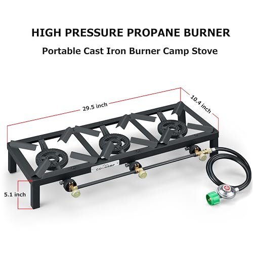 Propane Triple Burner Angle Iron Camp Stove with CSA Listed Regulator and 4ft Hose