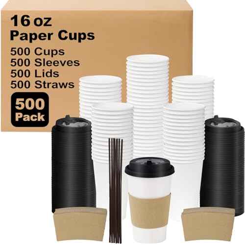 16 oz 500 Pack Coffee Cups with Lids and Sleeves (500 Count)