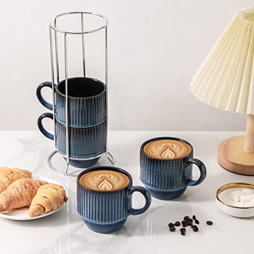Navy Coffee Mugs Porcelain Set of 4 with Rack (4 Count)