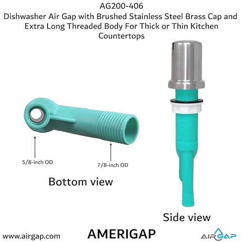 Dishwasher Air Gap with Skirted Brushed Stainless Steel Brass Cap and Extra Long Threaded Body for Thick or Thin Kitchen Countertops