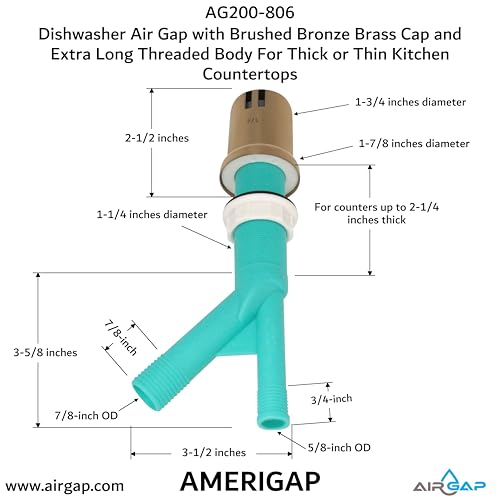Dishwasher Air Gap with Skirted Brushed Bronze Brass Cap and Extra Long Threaded Body for Thick or Thin Kitchen Countertops