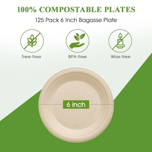 125 Pack Compostable Bagasse Paper Plates 6 inch (125 Count)