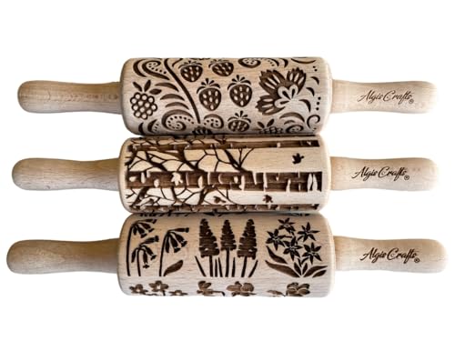 SEASONS 3 Mini Embossed Rolling Pin Set. Wooden Laser Cut Mini Rolling Pins for cookies or clay with spring flowers