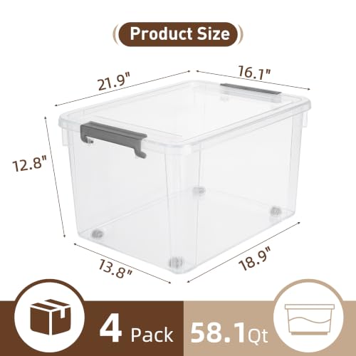58.1 QT Plastic Storage Bins with Latching Lids Stackable Storage Containers for Organizing Large Clear Storage Box for Garage (4 Count)