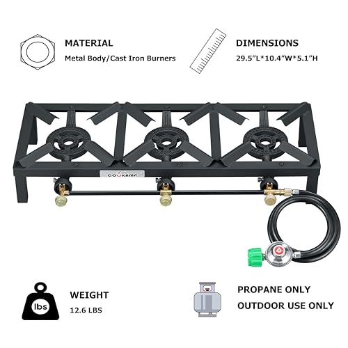 Propane Triple Burner Angle Iron Camp Stove with CSA Listed Regulator and 4ft Hose