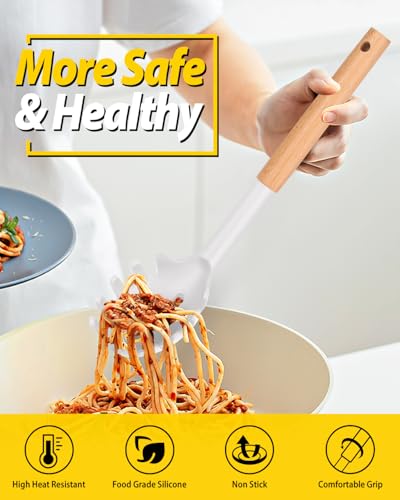 Silicone Pasta Fork and Ladle Spoon Set with Wooden Handle (2 Count)
