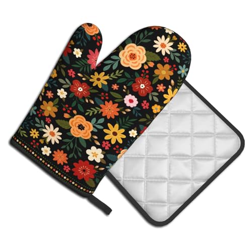 Boho Floral Oven Mitts and Pot Holder Set of 2 Colorful Flower Heat Resistant Hot Pads Non Slip Washable for Kitchen Cooking Grilling BBQ