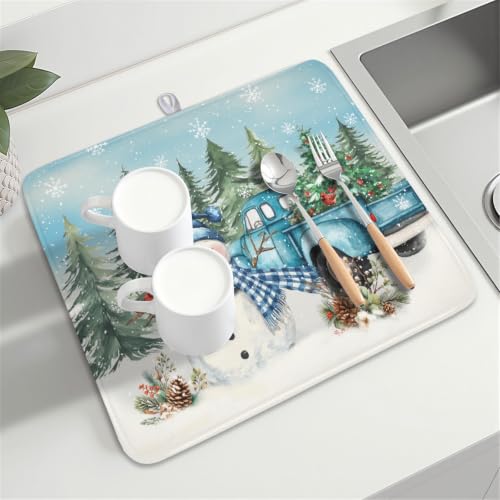 Winter Snowman Blue Dish Drying Mat Xmas Truck Dishes Pad 16"x18" Microfiber Absorbent Drainer Rack Mats Protector for Kitchen Counter Sink