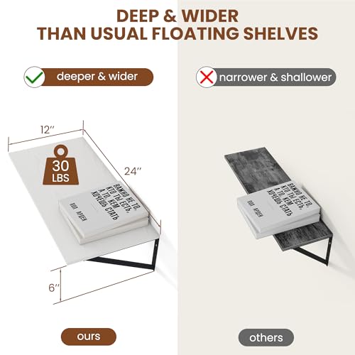 24W x 12D Deep Floating Shelves Set of 2 White