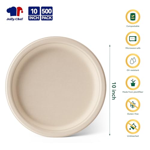 Compostable Heavy Duty Plates 𝟭𝟬 𝗜𝗻𝗰𝗵 [𝟱𝟬𝟬 𝗣𝗮𝗰𝗸] Eco (500 Count)