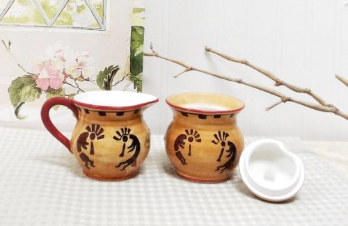 Western Kokopelli Hand Painted Ceramic Creamer & Sugar Set