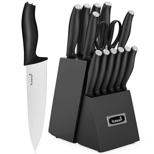 Knife Set 15 pieces High Carbon Stainless Steel Professional Kitchen Knife block set with Sharpener Black