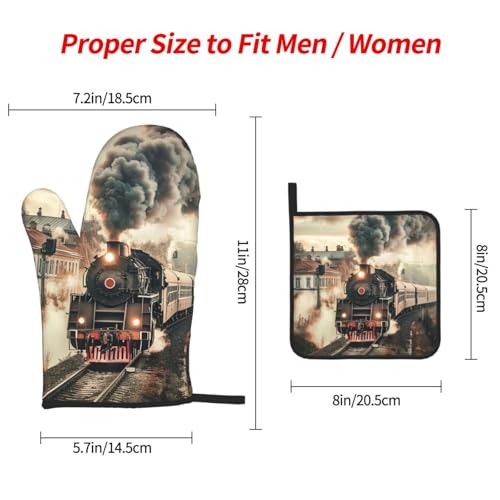 Train Travelling Oven Mitts and Pot Holders Sets of 3 Heat Resistant Oven Gloves Hot Pads Non (4.33 Count)