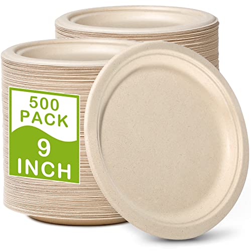 500 Pack Compostable Paper Plates 9 inch (500 Count)
