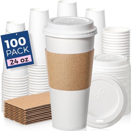 100 Pack 24 oz Disposable Coffee Cups with Lids (100 Count)