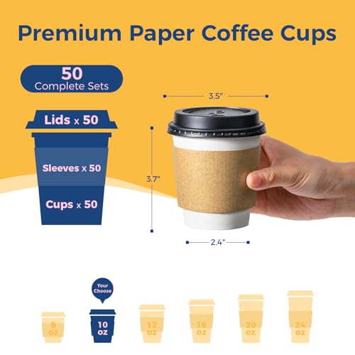 50 Pack 10 oz Disposable Coffee Cups with Lids (50 Count)