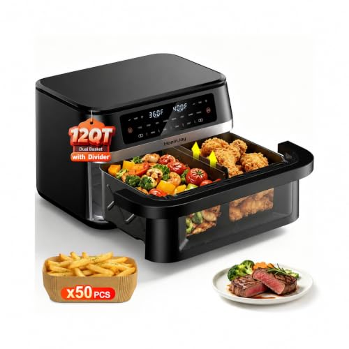 12QT Dual Basket Air Fryers with Dvider & 50PCS Paper Liners
