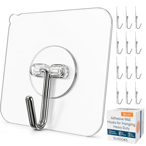 Adhesive Wall Hooks for Hanging Heavy Duty No Drill (12 Count)