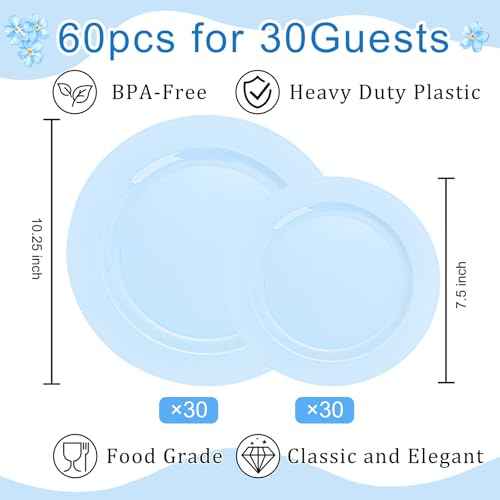 60PCS Light Blue Heavy Duty Plastic Disposable Party Plates Set (60 Count)