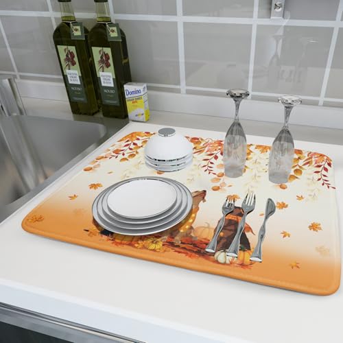 Fall Dogs Dish Drying Mat Autumn Leaves Reusable Dishes Pad 18"x24" Holiday Microfiber Quick Dry Dish Drainer Rack Mat for Kitchen Counter
