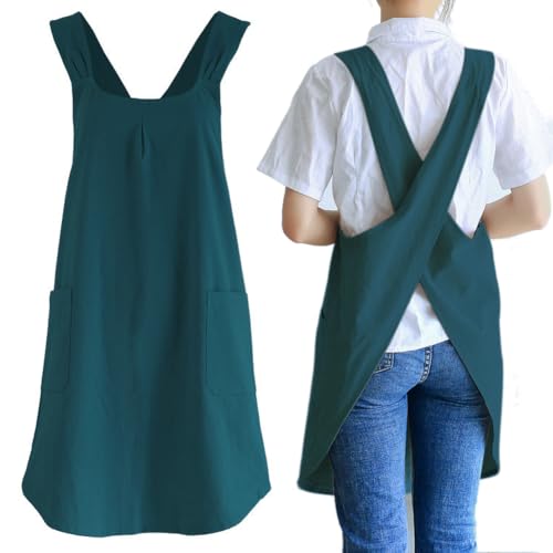 Japanese Cotton Cross Back Kitchen Cooking Aprons for Women with Pockets Cute for Baking Painting Gardening Cleaning Dark Green