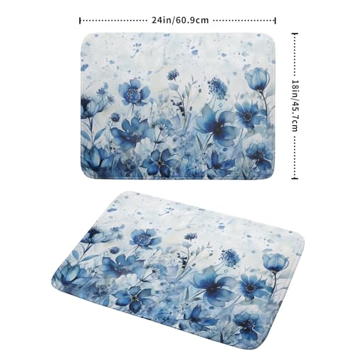 Blue Floral Dish Drying Mat for Kitchen Counter Watercolor Leaves Dishes Drainer Rack Mat Absorbent Microfiber Dish Draining Pad 18x24 Inch