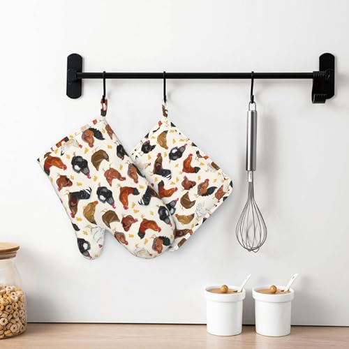 Rooster Hen Oven Mitts and Pot Holders Sets Silicone Rustic Domestic Animal Chicken Kitchen Mitts Potholders Heat Resistant 4Pcs Oven Gloves Hot Pads for Kitchen Baking Cooking BBQ Grilling (4 Count)