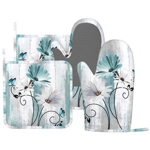 Teal Daisy Oven Mitts Pot Holders Set Silicone Heat Resistant Farm Teal Daisy Floral Flowers and Butterfly Oven Mitts and Hot Pads Potholders Non